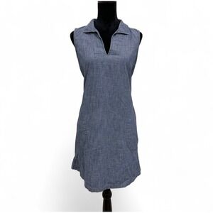 Land's End Blue Chambray Sleeveless Cotton Poplin Shift‎ Dress Pockets Medium